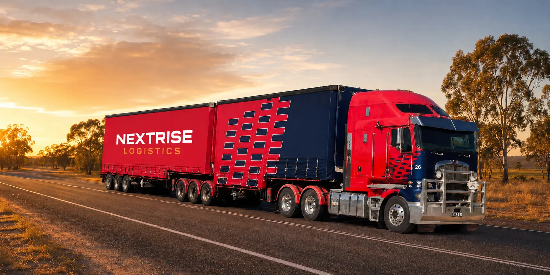 Nextrise Logistics red and navy B-Double combination on an Australian interstate highway