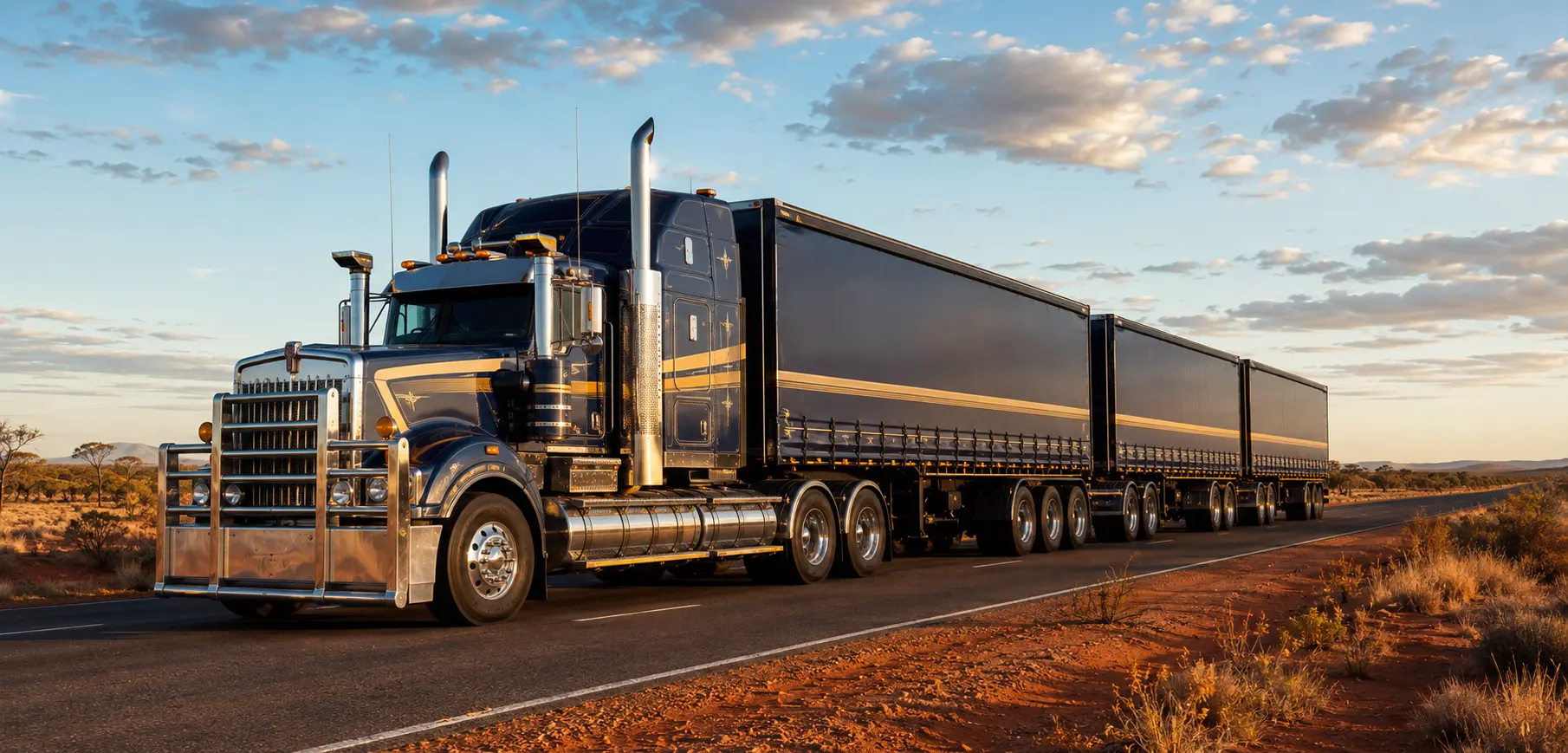Promotional visual of a long-nose T909-style prime mover hauling a three-trailer road train in the Australian outback